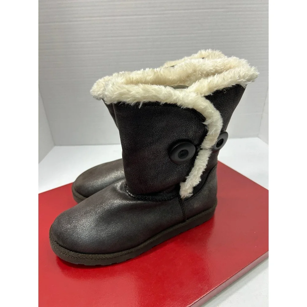 SO Metallic Mid-Calf Boots 6 Pewter Faux Fur Trim Button Cozy Cabin Y2K